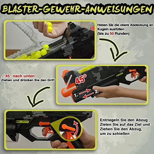 Instructies voor het gebruik van een blastergeweer.