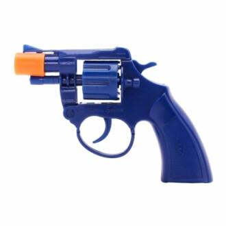 Blauw speelgoedrevolver met oranje loop