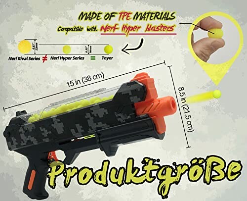 Speelgoedpistool met afmetingen en kenmerken weergegeven.