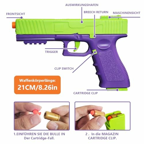 Speelgoedpistool met cartridge clip en instructies